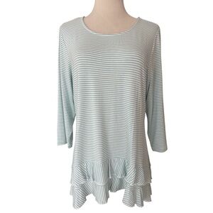 Intro Striped Tunic Top Teal White Women’s Petite L Ruffle Tier Hem 3/4 Sleeve